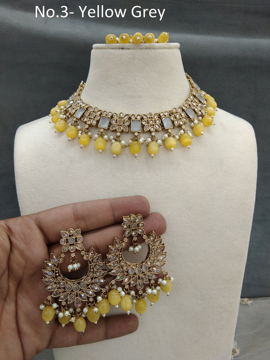 Antique Gold Yellow Grey Necklace Set/ Antique gold necklace Indian hiki Jewellery