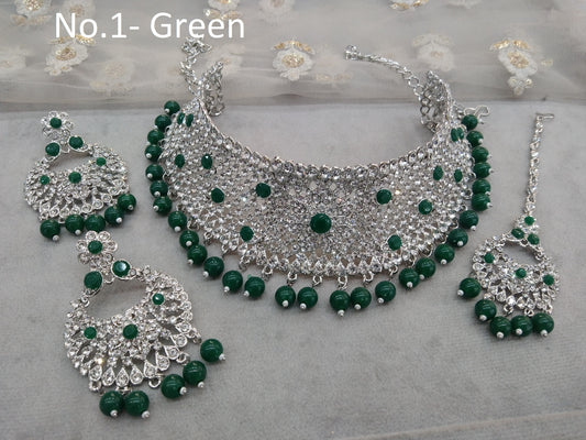 Silver choker Set/ Silver green choker set Indian solo Jewellry