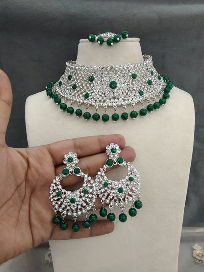 Silver choker Set/ Silver green choker set Indian solo Jewellry