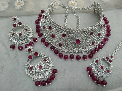 Silver choker Set/ Silver majenta choker set Indian solo Jewellry