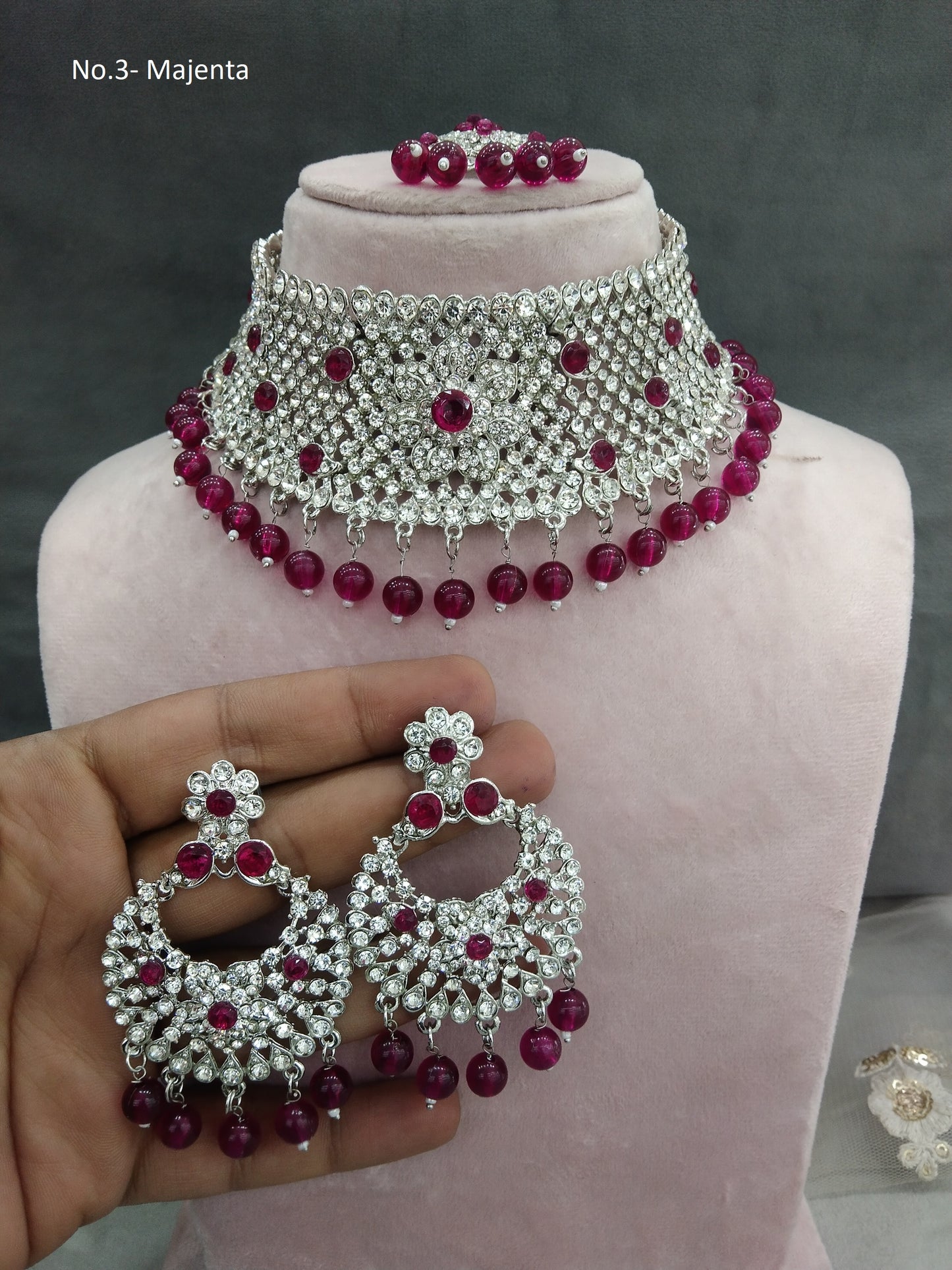 Silver choker Set/ Silver majenta choker set Indian solo Jewellry