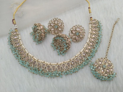 Antique  Gold Wedding Necklace Jewellery Set/ Dark gold sea green Indian Bridal Wedding  arts Jewellery