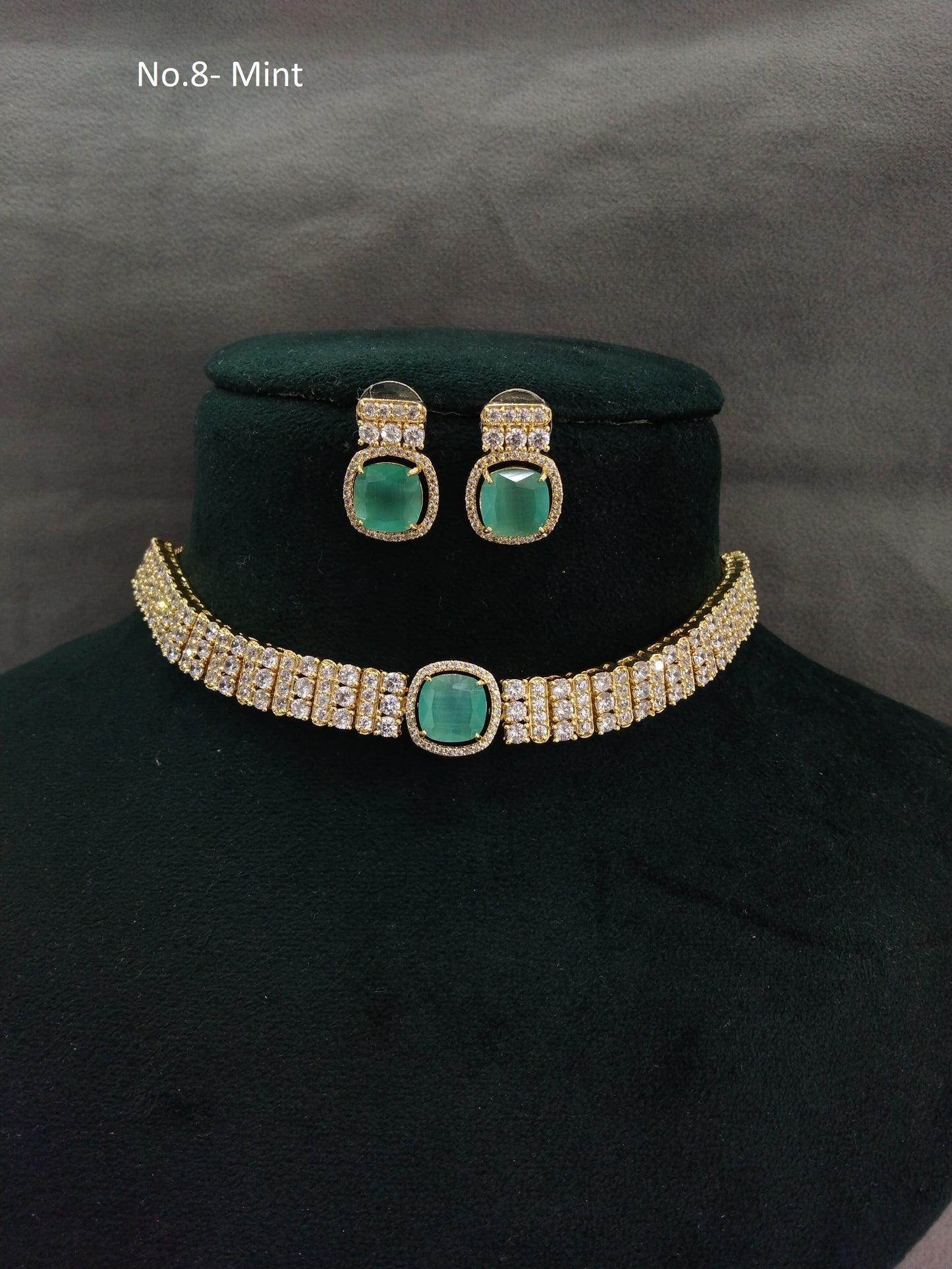 Cubic Zirconia Diamond Gold mint Choker Earrings Sita Set