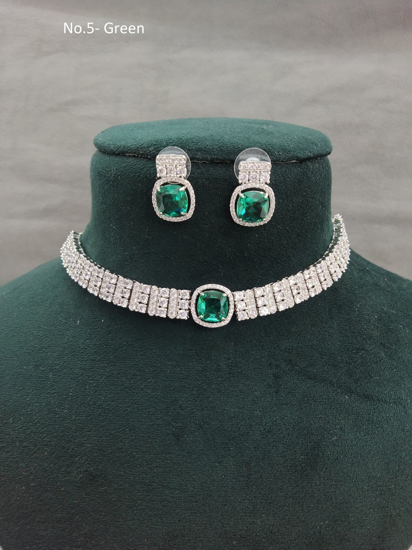 Cubic Zirconia Diamond Silver Green Choker Earrings Sita Set