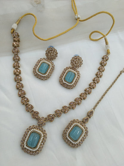 Antique Gold Sky blue Necklace Jewellery set/ Antique necklace Indian rishi jewellery set