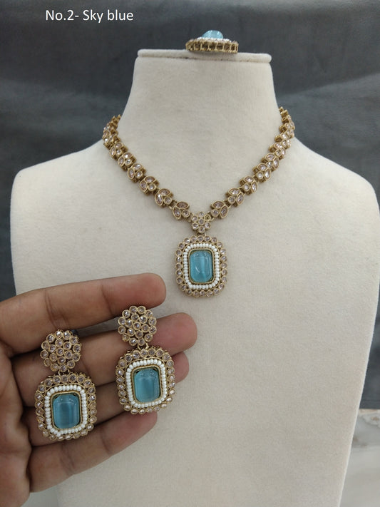 Antique Gold Sky blue Necklace Jewellery set/ Antique necklace Indian rishi jewellery set