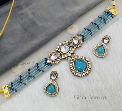 Moissanite Indian  jewellery blue kundan choker set/ kundan choker kundan sunita set