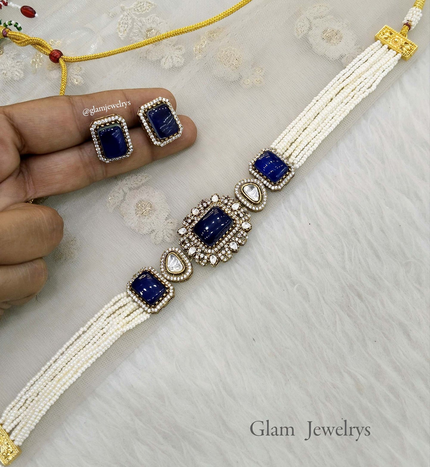 Dark Blue Kundan Indian Jewellery Choker Sunita Set