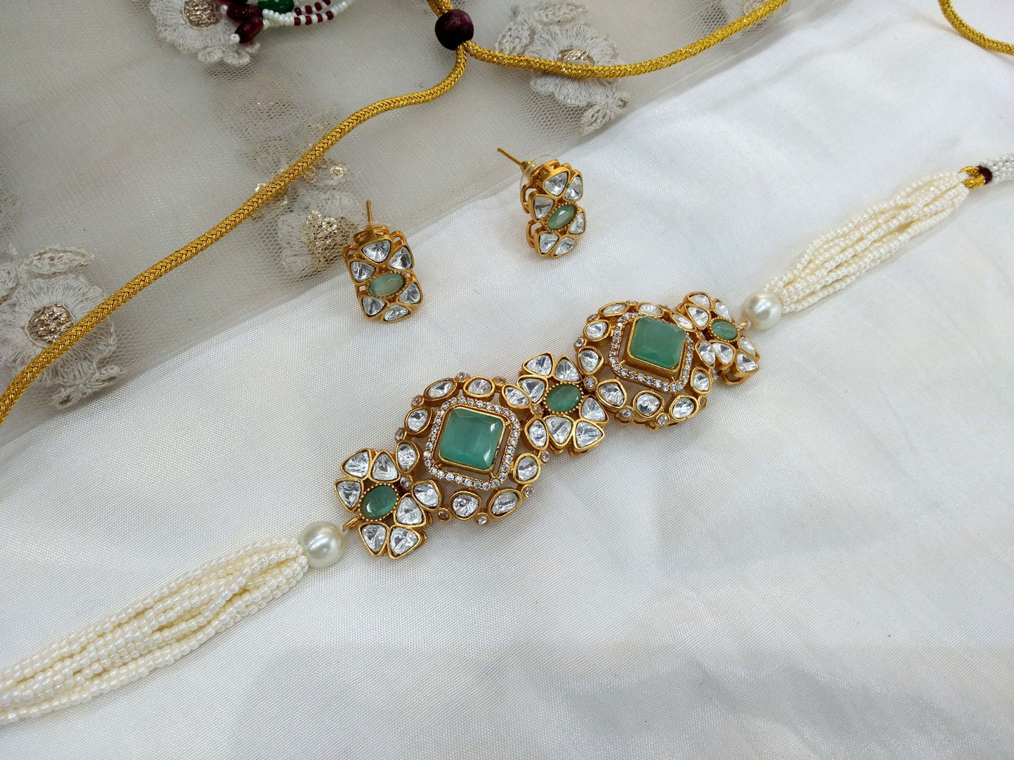 Moissanite  sea green Choker Indian Jewellery Sunita Wedding Set