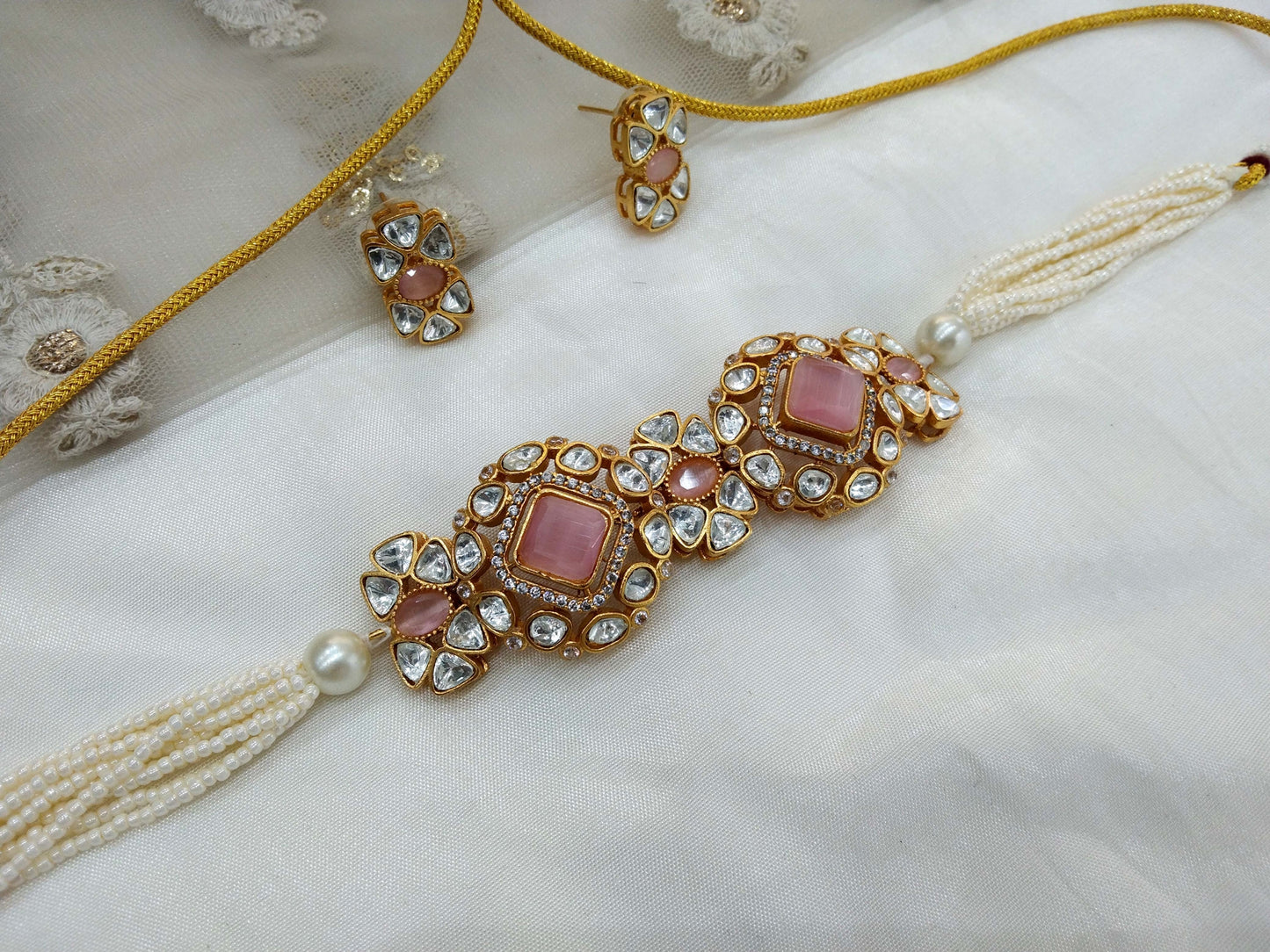 Moissanite Pink Choker Indian Jewellery Sunita Wedding Set