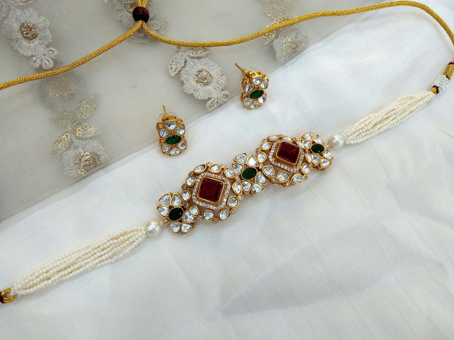 Moissanite Maroon Green Choker Indian Jewellery Sunita Wedding Set