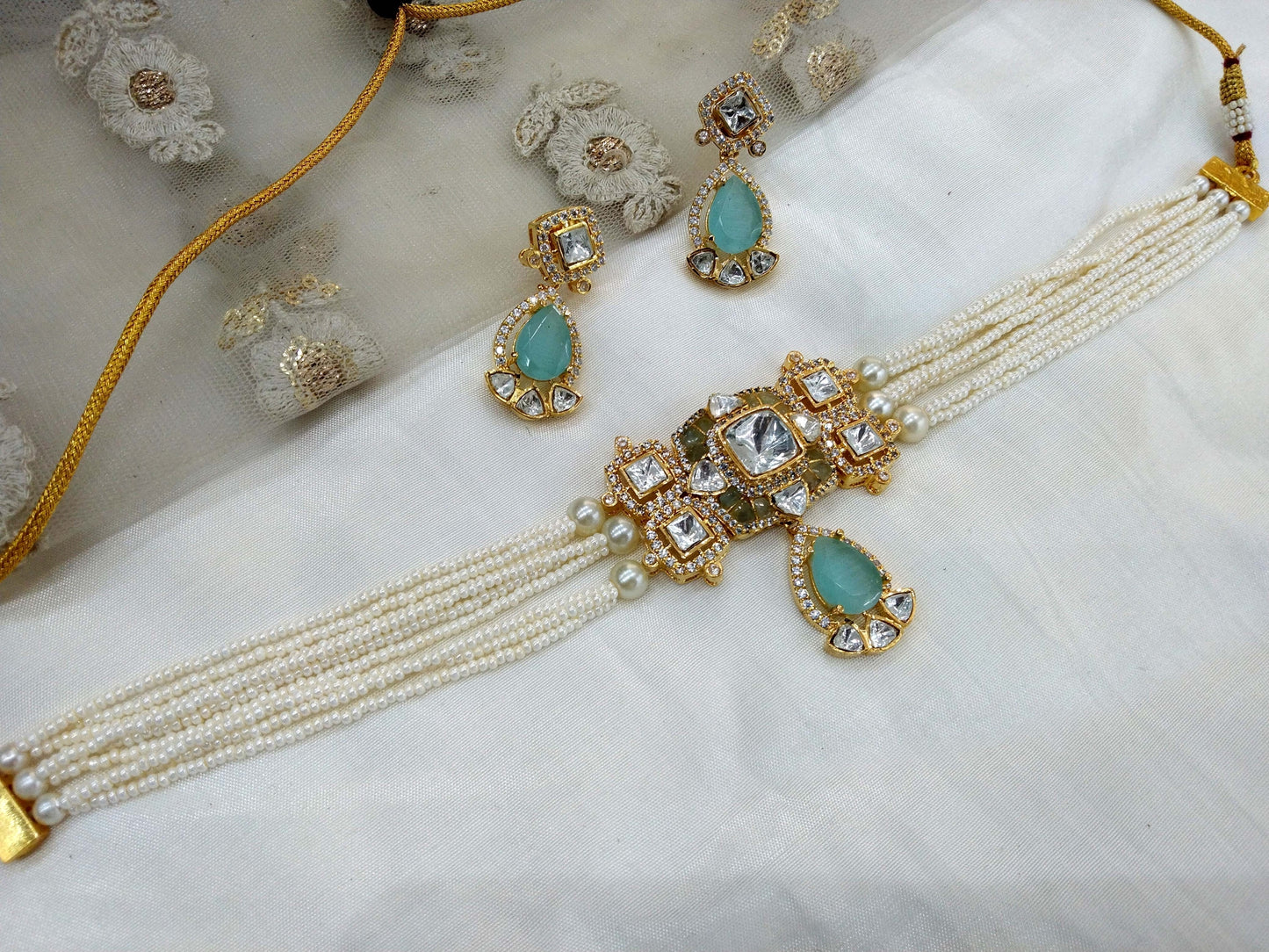 Moissanite Sky Blue Choker Indian Jewellery Sunita Wedding Set