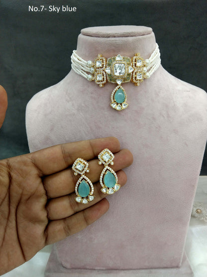 Moissanite Sky Blue Choker Indian Jewellery Sunita Wedding Set