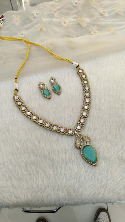 Moissanite kundan long sea green necklace set Indian Jewellery Sunita Wedding Set