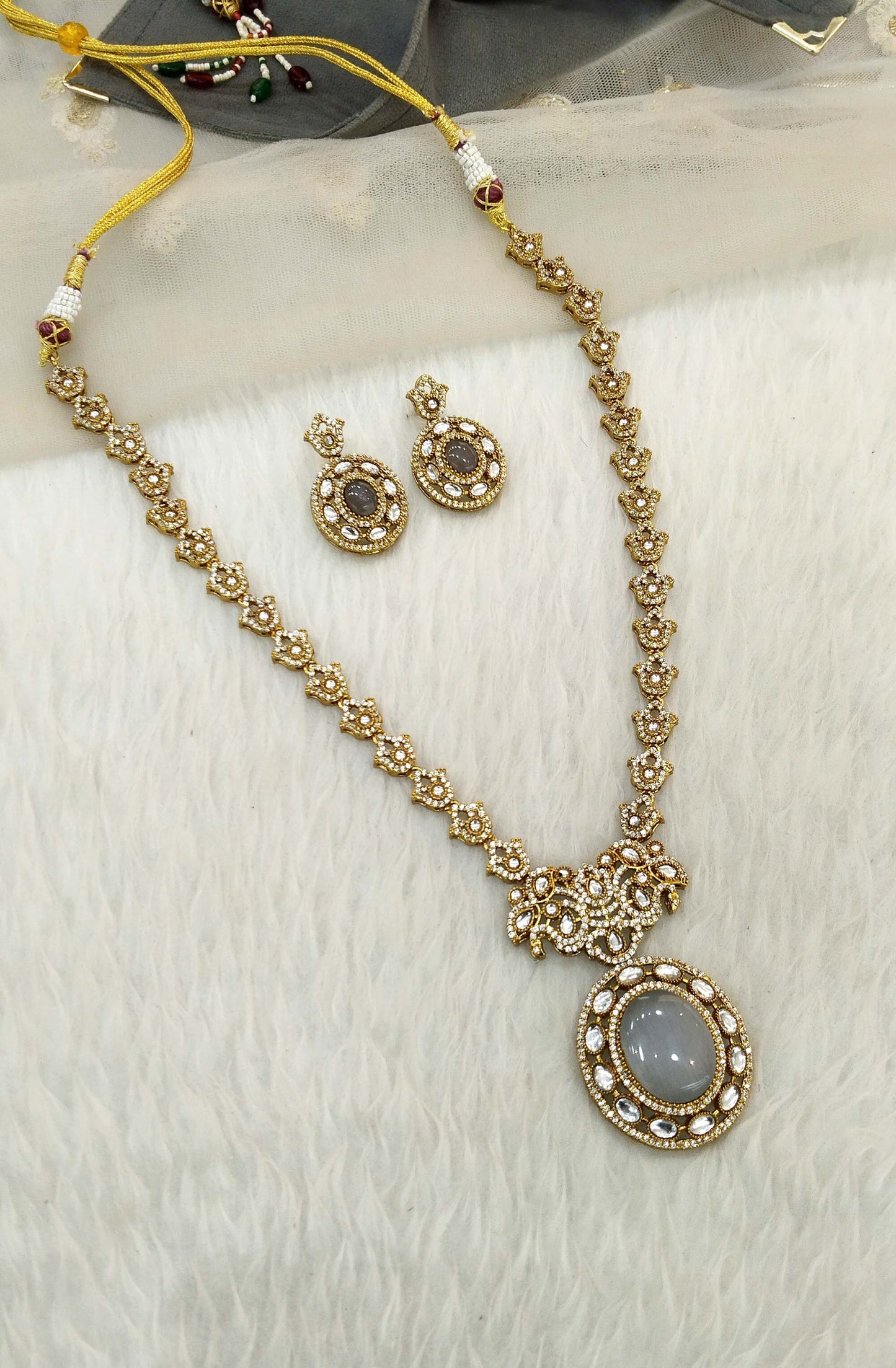 Grey Moissanite kundan long  necklace set Indian Jewellery Sunita Wedding Set