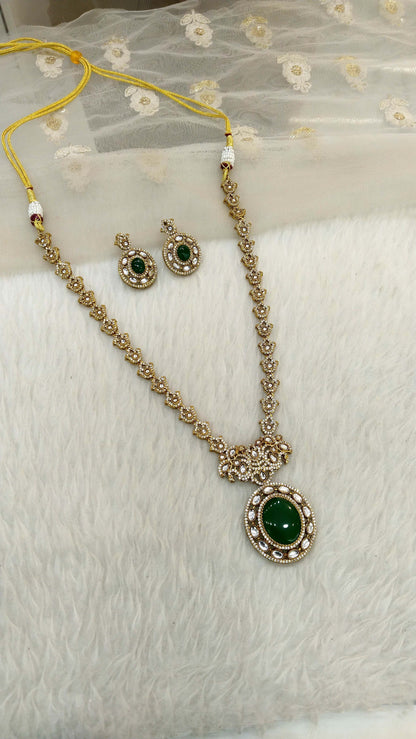 Green Moissanite kundan long  necklace set Indian Jewellery Sunita Wedding Set