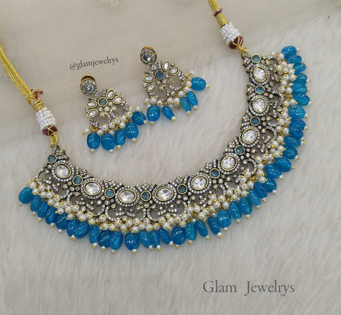 Moissanite kundan blue necklace Indian Jewellery Sunita Wedding Set