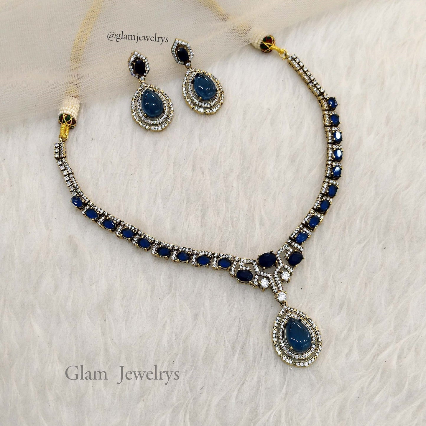 Moissanite kundan  Blue necklace Indian Jewellery Sunita Wedding Set