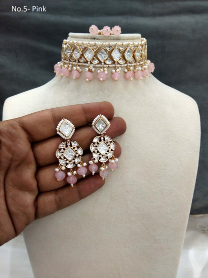 Moissanite  Next To Real Pink Kundan Gold Choker Set Indian Jewellery Shweta Wedding Set