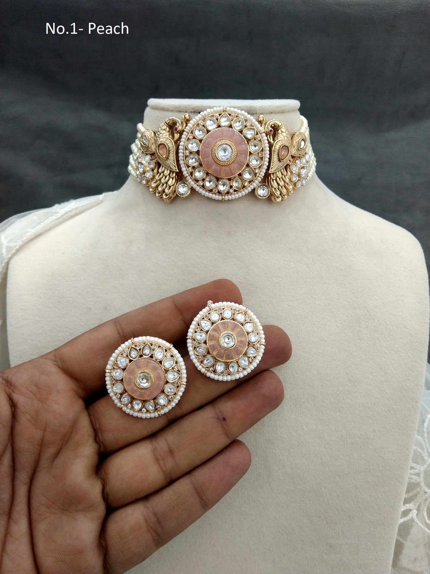 Moissanite  Next To Real  Kundan Gold Peach Choker Set Indian Jewellery Shweta Wedding Set