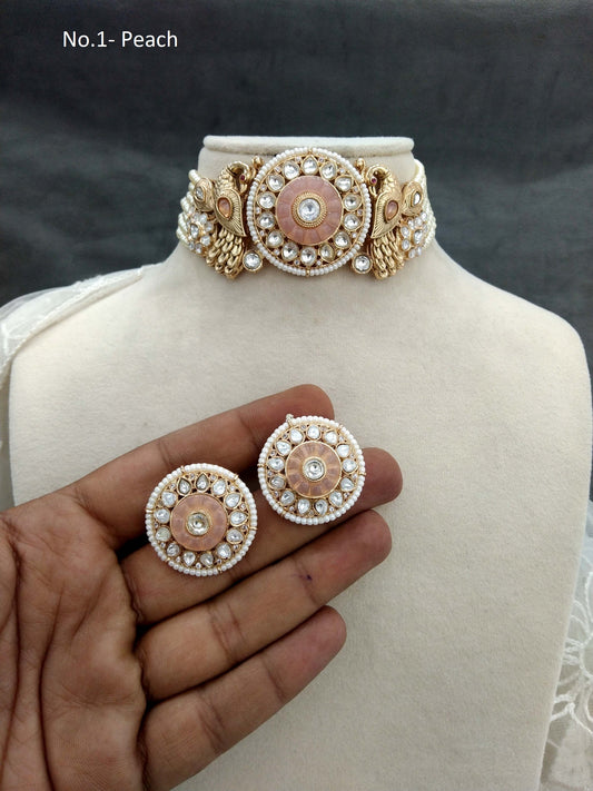 Moissanite  Next To Real  Kundan Gold Peach Choker Set Indian Jewellery Shweta Wedding Set