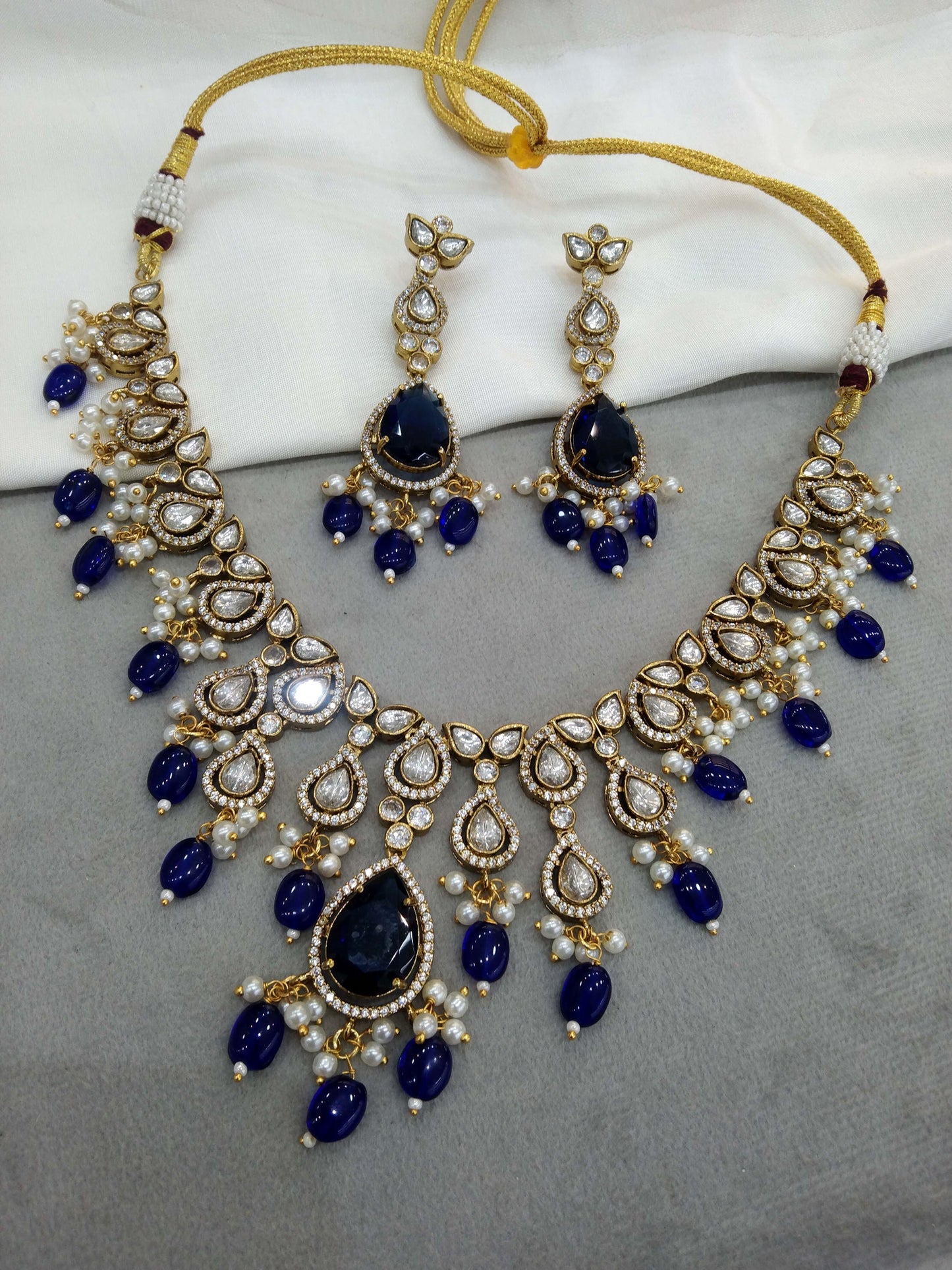 Blue Moissanite  Next To Real  Kundan Gold  Necklace Set Indian Jewellery Shweta Wedding Set