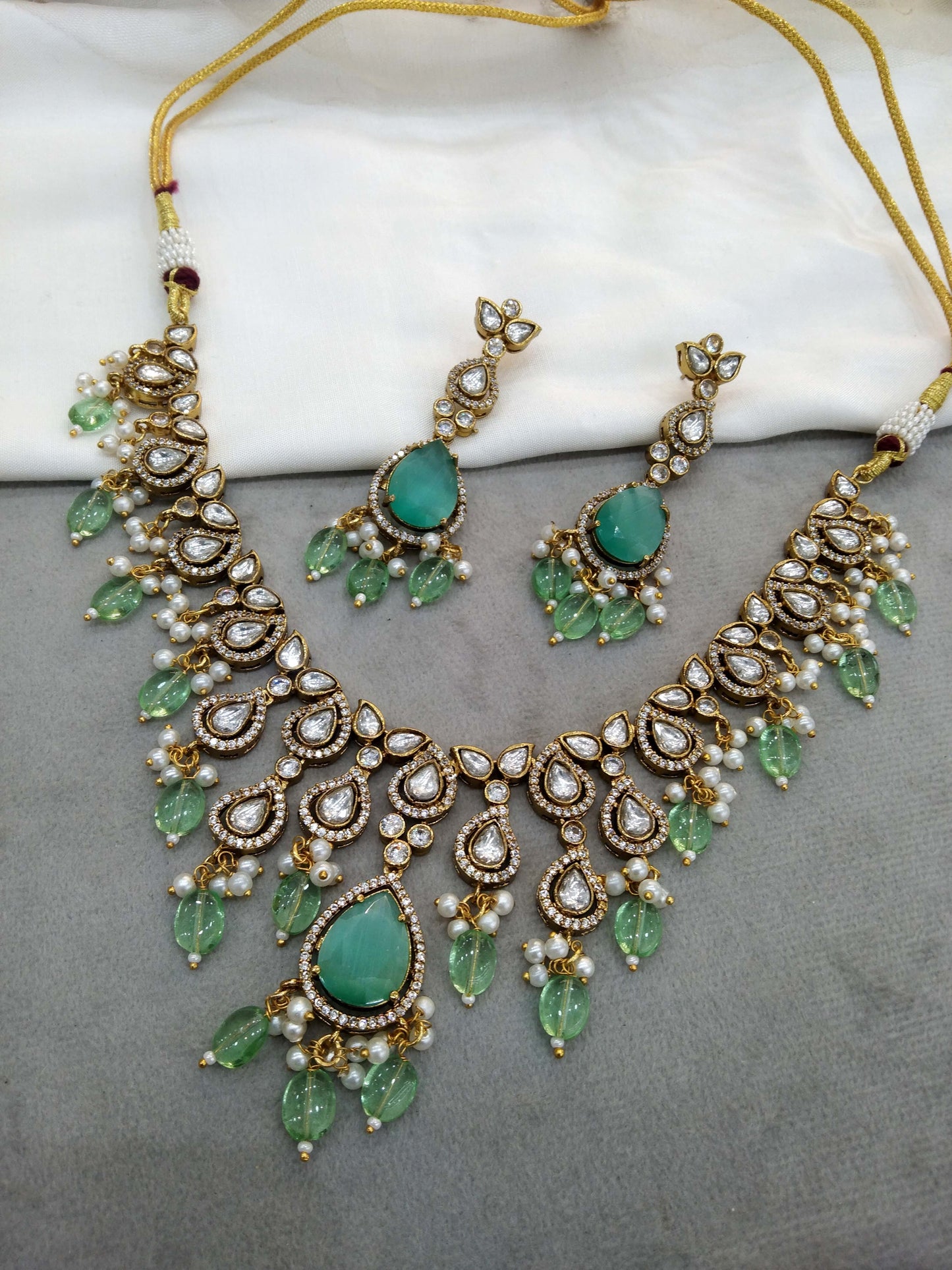 Mint Moissanite  Next To Real  Kundan Gold  Necklace Set Indian Jewellery Shweta Wedding Set