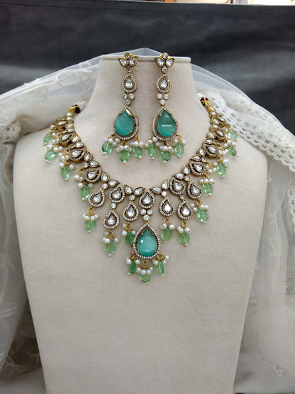 Mint Moissanite  Next To Real  Kundan Gold  Necklace Set Indian Jewellery Shweta Wedding Set