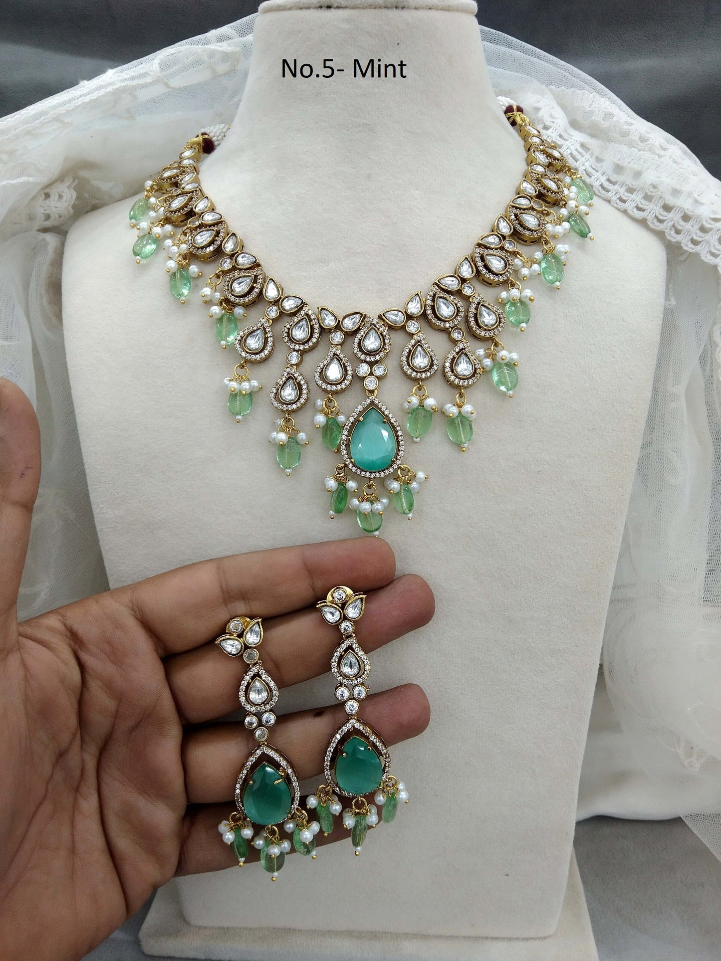 Mint Moissanite  Next To Real  Kundan Gold  Necklace Set Indian Jewellery Shweta Wedding Set