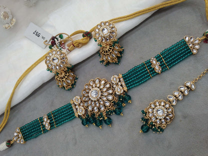 Indian Jewellery Gold  Green Kundan choker Set/ kundan choker Kundan Setin Set