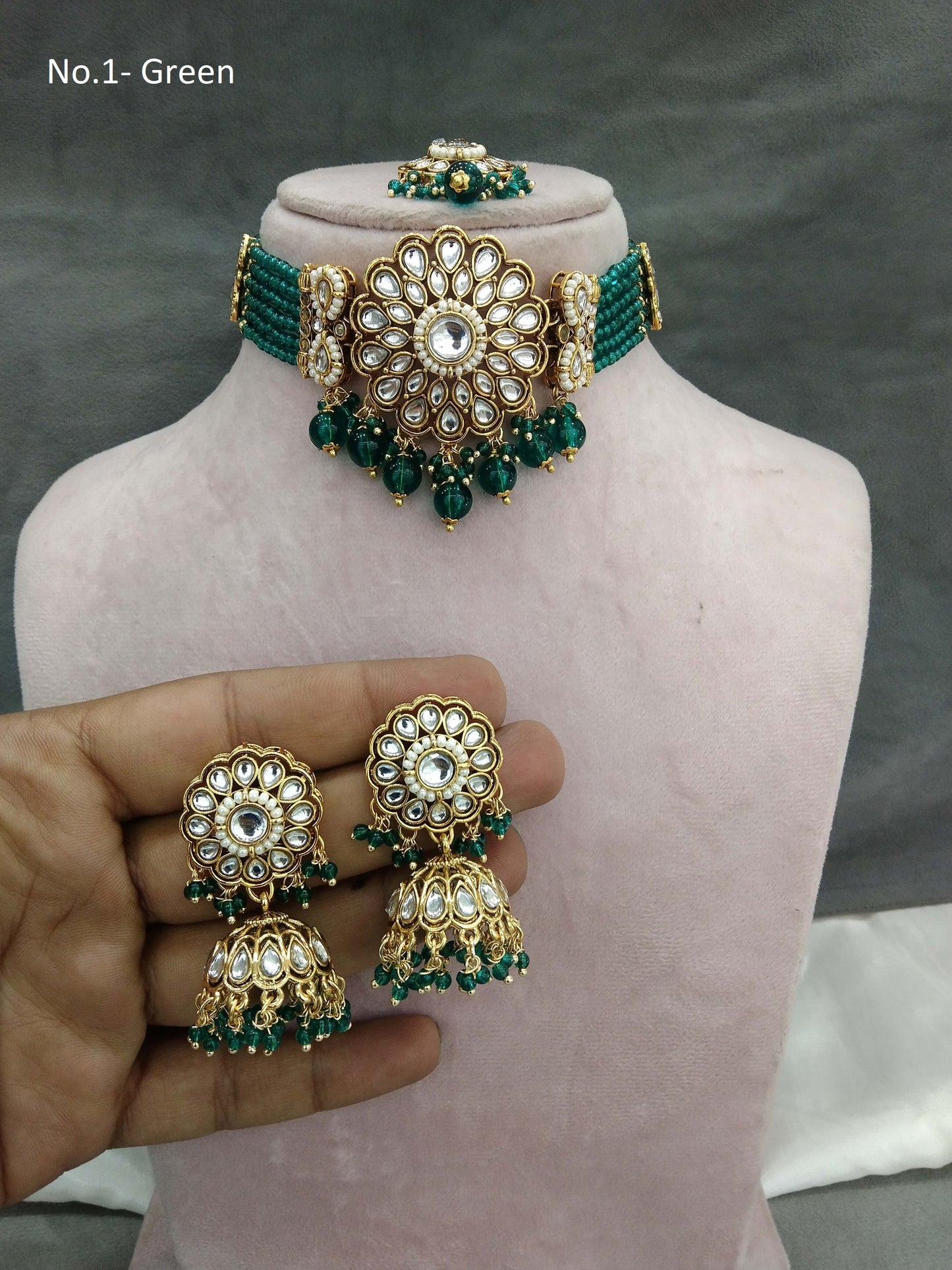 Indian Jewellery Gold  Green Kundan choker Set/ kundan choker Kundan Setin Set