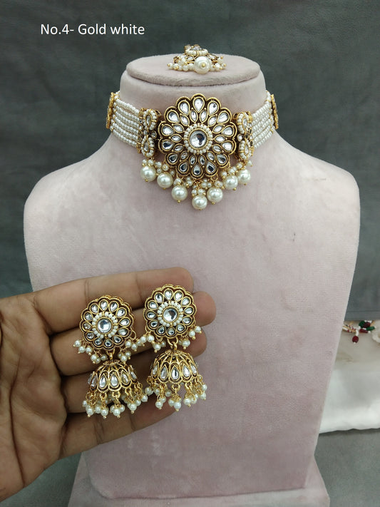 Gold White Choker Set Indian Jewellery Gold  Kundan choker Set/ kundan choker Setin Set