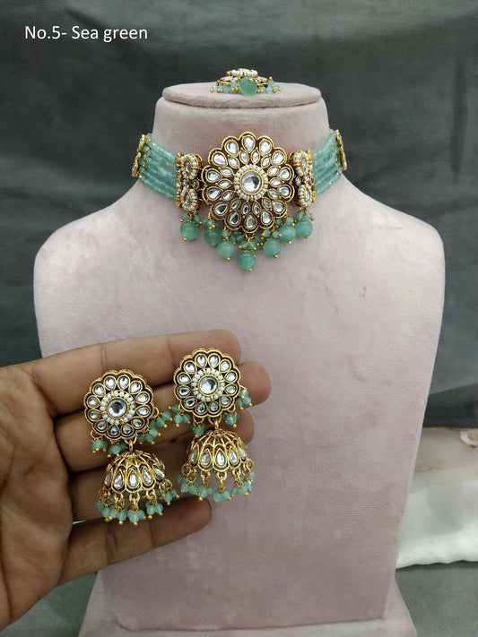 Sea Green Choker Set Indian Jewellery Gold  Kundan choker Set/ kundan choker Setin Set