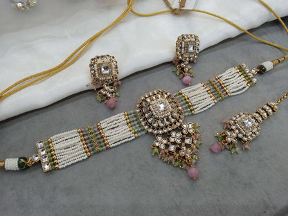 Indian Jewellery Gold Pista Pink  Kundan choker Set/ kundan choker Priya Jewellery Set