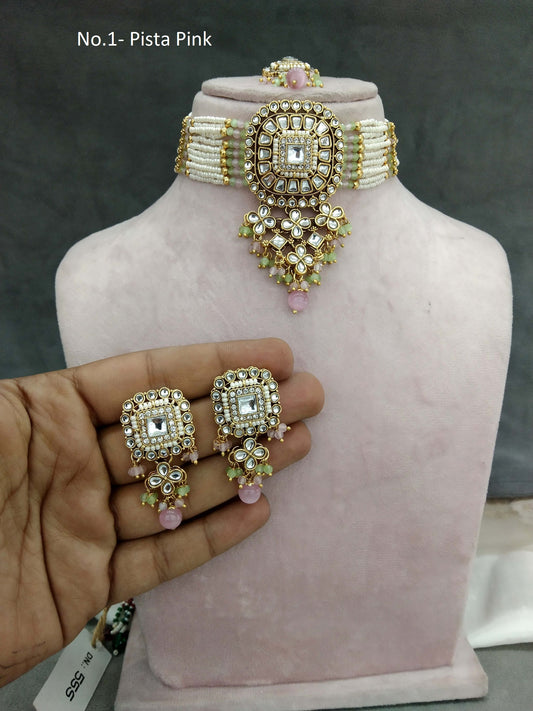 Indian Jewellery Gold Pista Pink  Kundan choker Set/ kundan choker Priya Jewellery Set