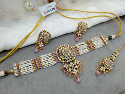 Indian Jewellery Gold  Pink  Kundan choker Set/ kundan choker Priya Jewellery Set