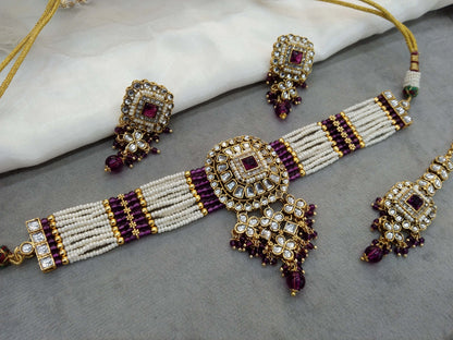 Purple Indian Jewellery Gold  Kundan choker Set/ kundan choker Priya Jewellery Set