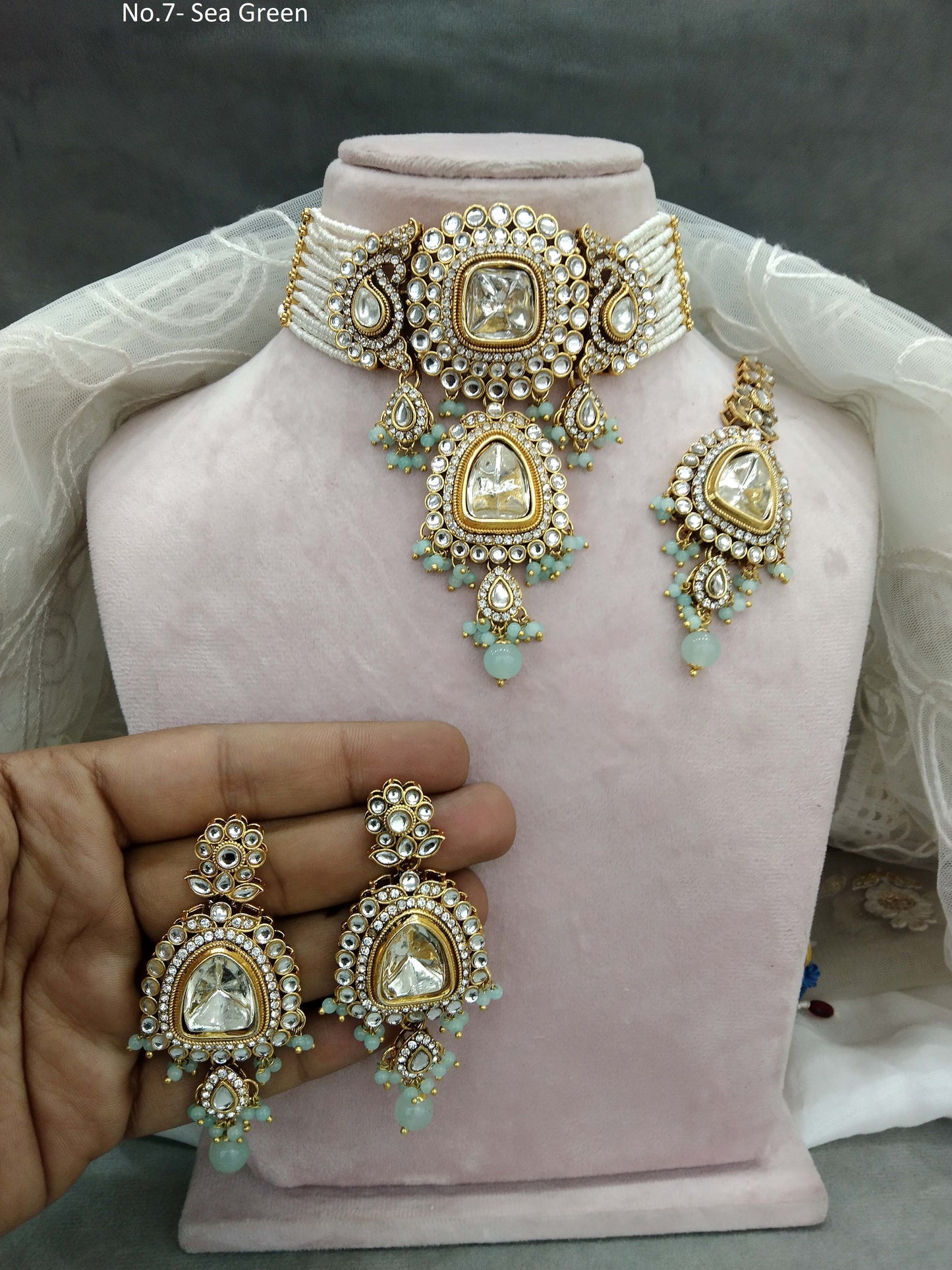 Sea Green choker Indian Jewellery  Kundan choker Set/ kundan choker Kundan Meet Necklace Set