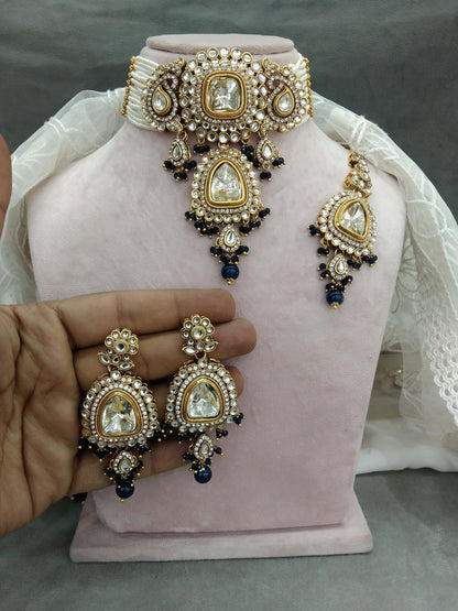 Navy blue choker Indian Jewellery  Kundan choker Set/ kundan choker Kundan Meet Necklace Set