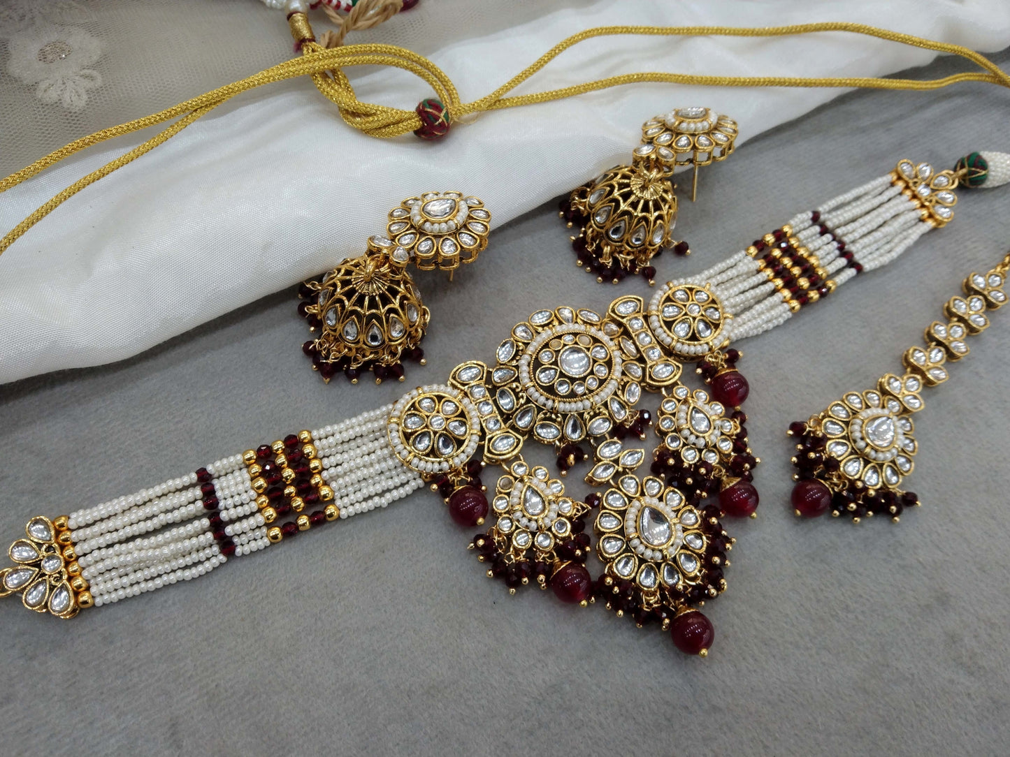 Indian Jewellery  Kundan Maroon choker Set/ kundan choker Kundan Siya Necklace Set