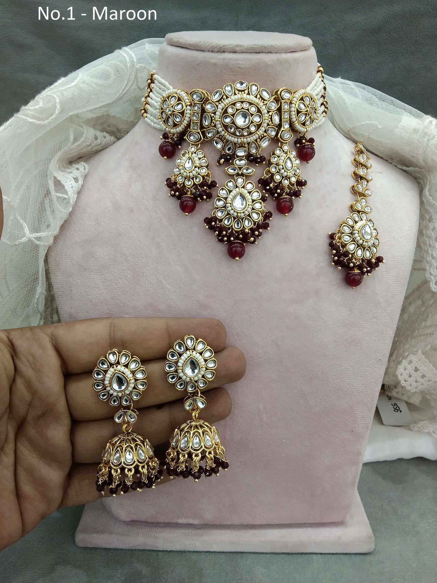 Indian Jewellery  Kundan Maroon choker Set/ kundan choker Kundan Siya Necklace Set