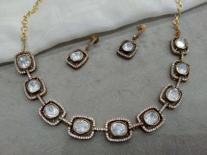 Moissanite Indian Jewellery  kundan Gold White necklace Set Indian Jewellery maya Wedding Set