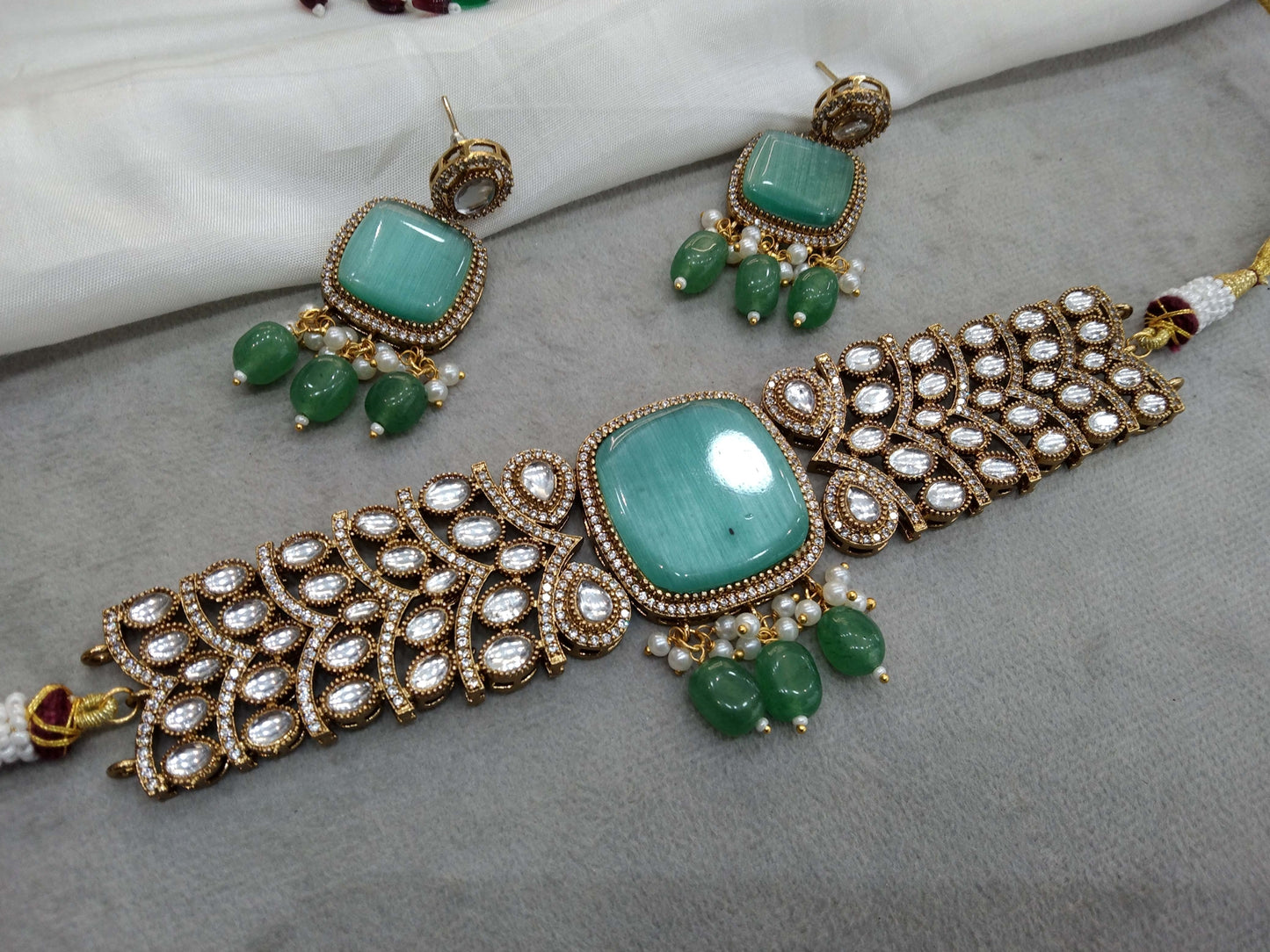 Moissanite Indian Jewellery  kundan Sea Green choker Set Indian Jewellery Roma Wedding Set