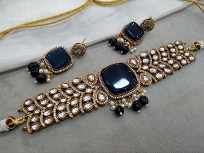 Moissanite Indian Jewellery  kundan Navy Blue choker Set Indian Jewellery Roma Wedding Set