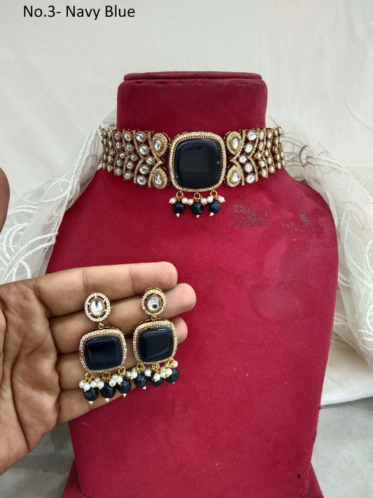 Moissanite Indian Jewellery  kundan Navy Blue choker Set Indian Jewellery Roma Wedding Set