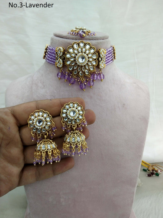 Lavender Choker Set Indian Jewellery Gold  Kundan choker Set/ kundan choker Setin Set