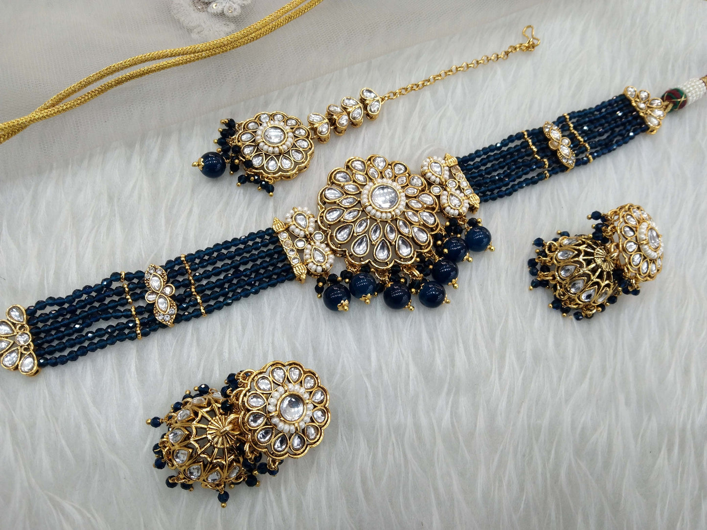 Navy Blue Choker Set Indian Jewellery Gold  Kundan choker Set/ kundan choker Setin Set