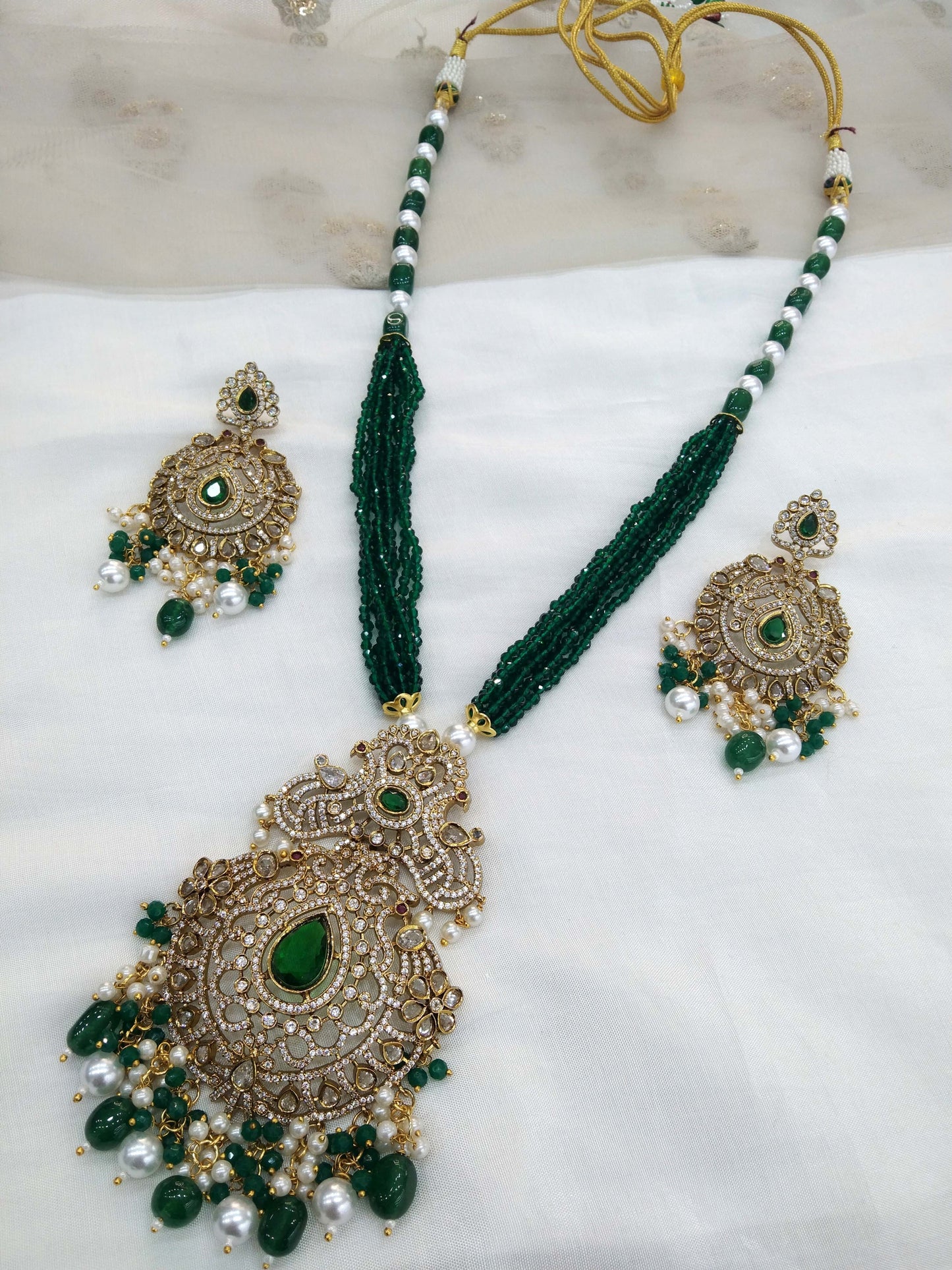 Moissanite AD Green Rani Haar Necklace Set /Indian Long Haar Necklace Set/ Indian Jewellery