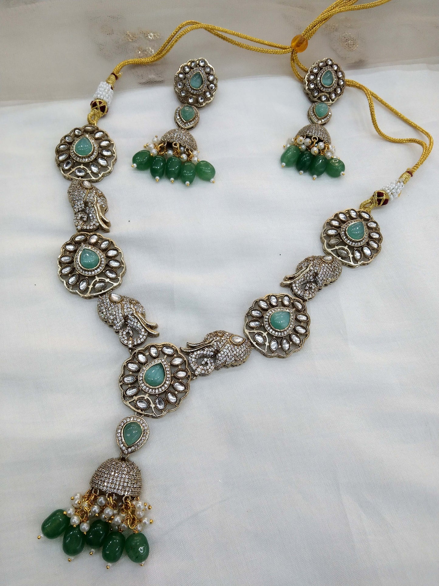 Moissanite AD sea green Rani Haar Necklace Set /Indian Long Haar Necklace Set/ Indian Jewellery