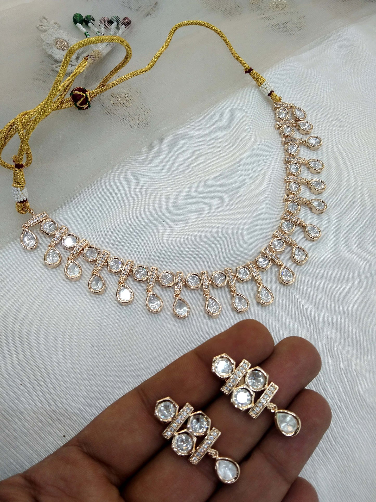 Moissanite Gold white Necklace Set /Indian Kundan  Necklace Set/ Indian juhi  Jewellery